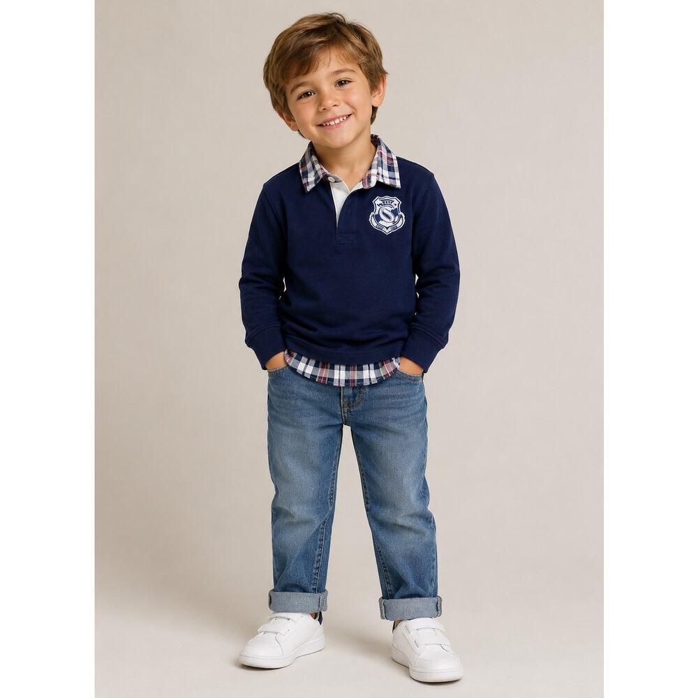 Children’s Place 1989 Varsity Rugby Layered Shirt Boys 5/6 Plaid Collar Navy